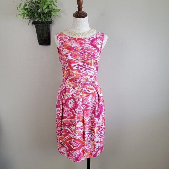 Eliza J Sleeveless Sheath Abstract Ikat Pink Belted Pleated Midi High Neck Dress - Picture 1 of 16